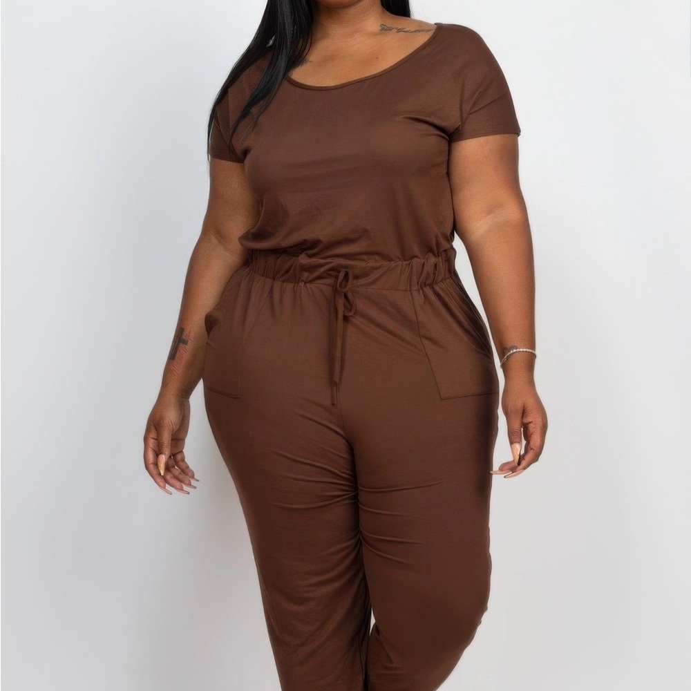 Solid Drawstring Short Sleeve Jumpsuit